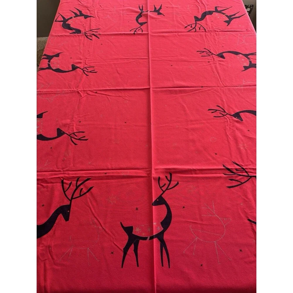 California Hand Prints 50/60s Red Christmas Tablecloth Atomic Reindeer 52x64 MCM